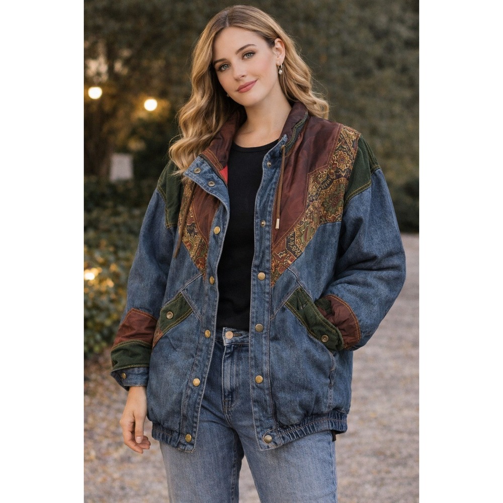 Two Twenty Denim Jacket Aztec Print‎ Lined Snap Front Quilted Coat Vintage 90s